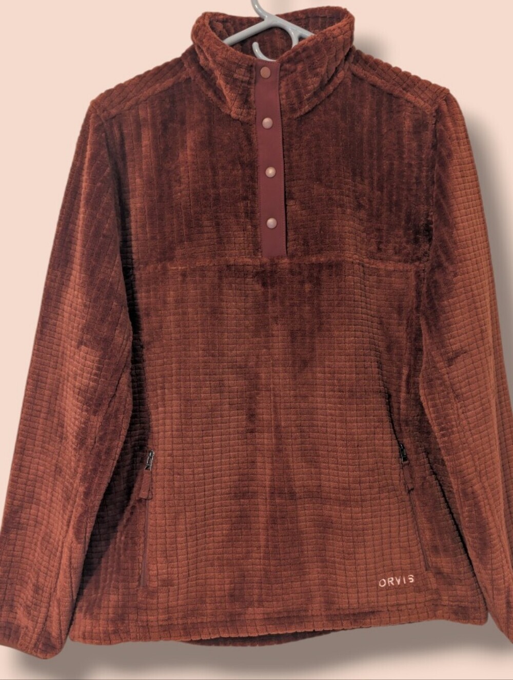 Orvis Women's Terracotta Mock Neck Quarter Button Snap Plush Fleece Pullover M